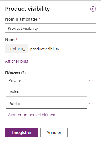 Capture d’écran des éléments de type de données Choix unique dans Power Apps.