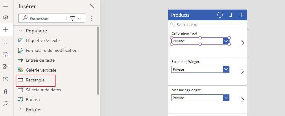 Capture d’écran du bouton Insérer cliqué et de l’option Rectangle mise en évidence.