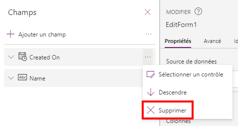 Capture d’écran de l’option Supprimer sélectionnée dans la liste déroulante de la colonne Date de création.