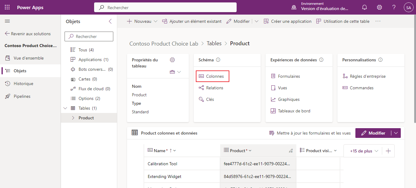 Capture d’écran du tableau de bord de la table Produit avec l’option Colonnes sélectionnée sous Schéma.