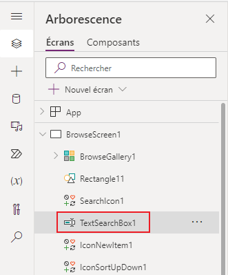 Capture d’écran du contrôle TextSearchBox1 dans l’onglet Arborescence de Power Apps.