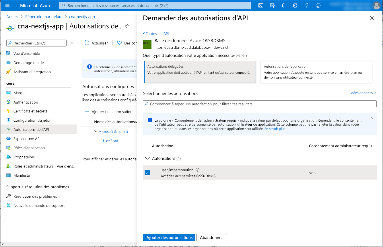 Capture d’écran du volet Demander une autorisation d’API dans le Portail Azure, avec l’option Autorisations déléguées sélectionnée.