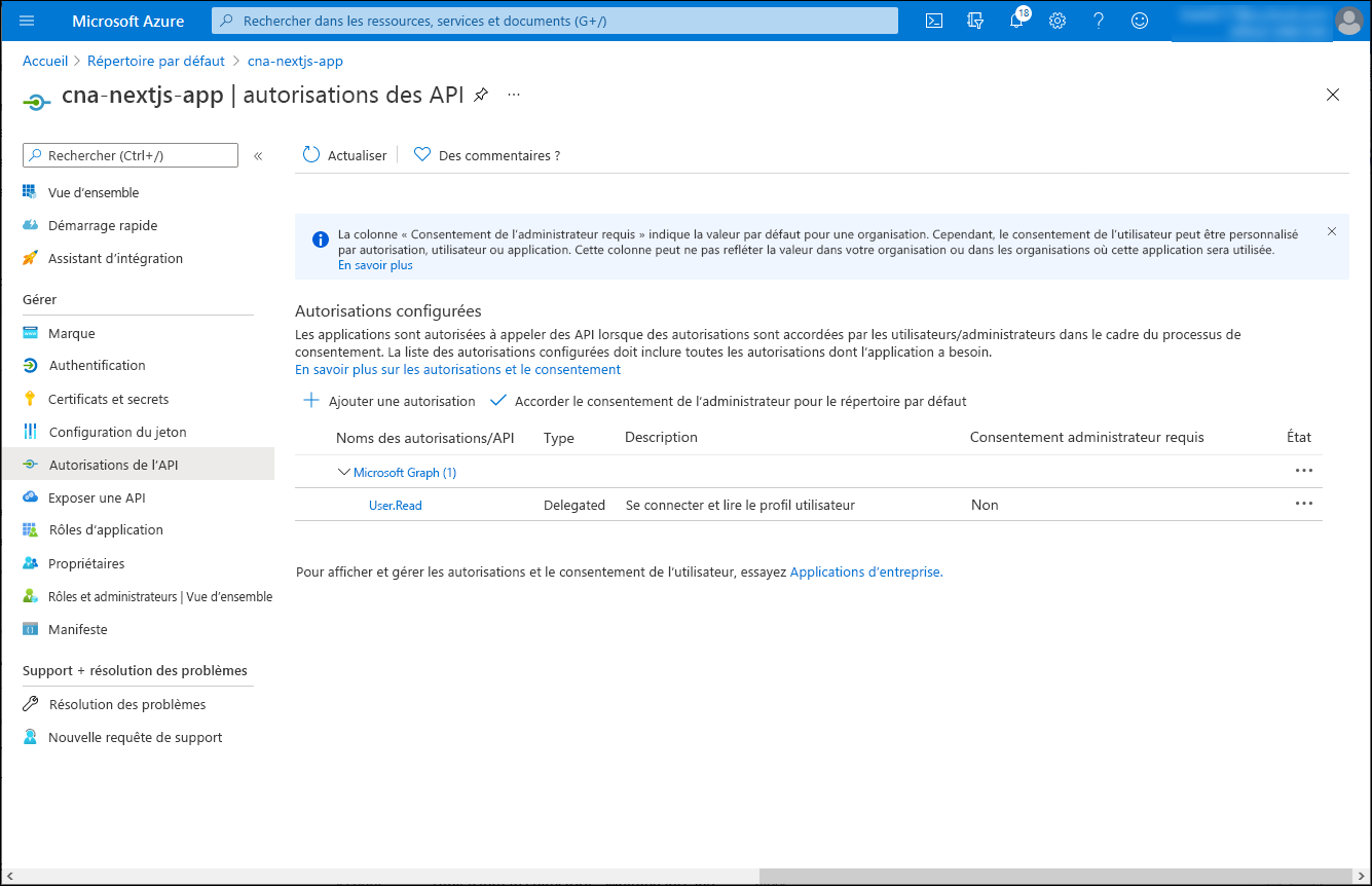 Capture d’écran du volet cnap-nextjs-app Autorisations d’API dans le Portail Azure.