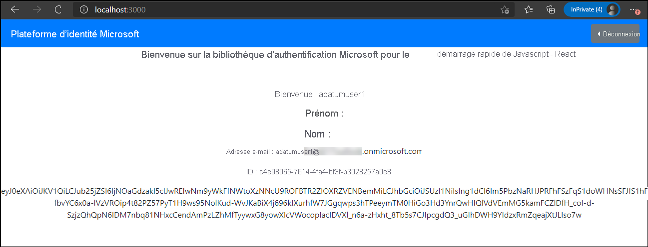 Capture d’écran de la page Bienvenue dans la bibliothèque d’authentification Microsoft pour le démarrage rapide de JavaScript – React avec les informations du profil adatumuser1.