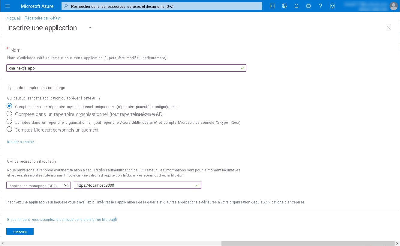 Capture d’écran du volet Inscrire une application dans le Portail Azure.