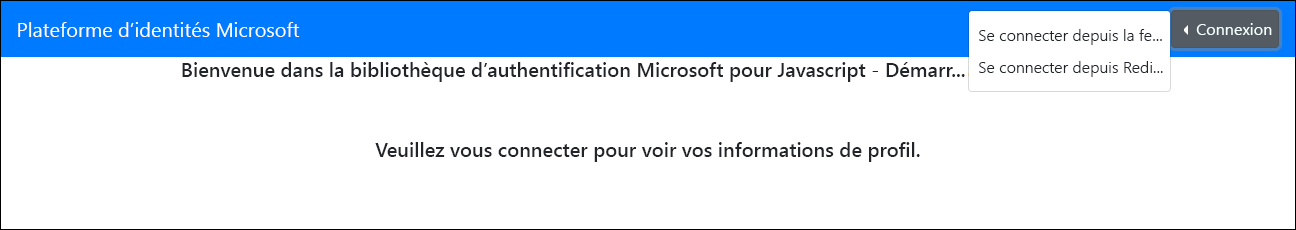 Capture d’écran de la page Bienvenue dans la bibliothèque d’authentification Microsoft pour le démarrage rapide de JavaScript – React montrant l’option Se connecter à l’aide de la fenêtre contextuelle.