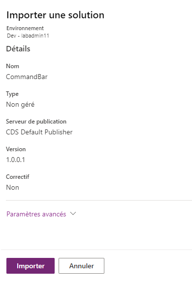Capture d’écran illustrant la boîte de dialogue Importer une solution.