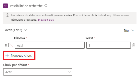 Capture d’écran illustrant le bouton + Nouveau choix.