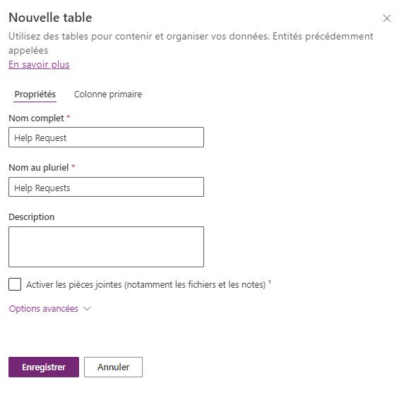 Capture d’écran illustrant la boîte de dialogue Nouvelle table.
