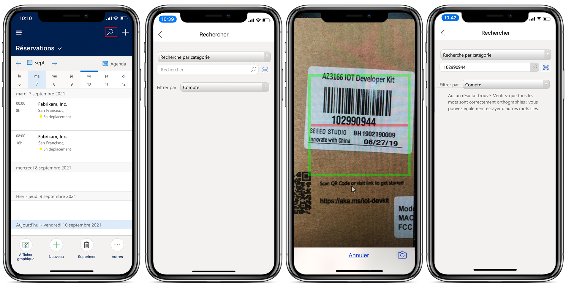 Captures d’écran mobile de la liste des réservations, de la page Recherche, de la lecture d’un code-barres et des résultats de la recherche.