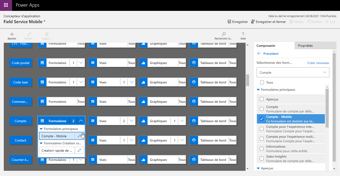 Capture d’écran de la page Concepteur d’application dans Power Apps illustrant la modification de l’application Field Service Mobile.