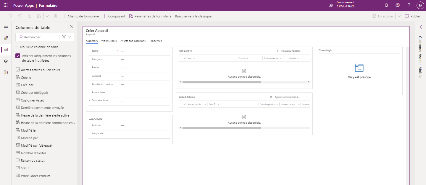 Capture d’écran du formulaire Actif client dans Microsoft Power Apps.