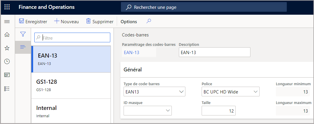 Capture d’écran du raccourci Général de la page Paramétrage des codes-barres.