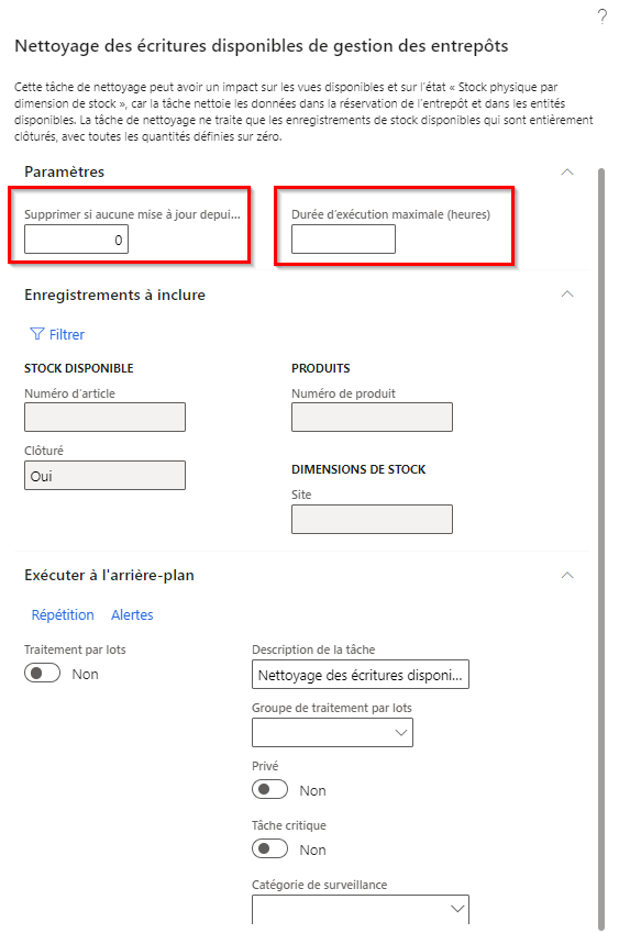 Capture d’écran de la page Nettoyage des entrées disponibles de la gestion d’entrepôt avec les paramètres mis en surbrillance.
