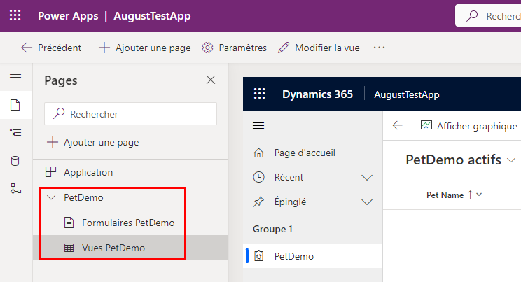 Capture d’écran du volet Pages avec le nom de la table sélectionné.
