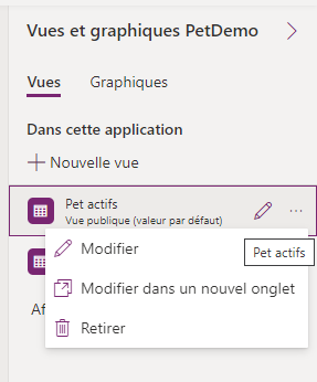 Capture d’écran des options de gestion des vues.