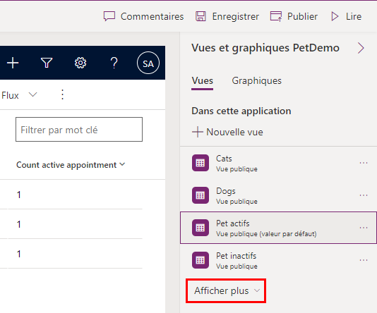 Capture d’écran du volet des propriétés Vues avec le bouton Afficher plus mis en évidence.