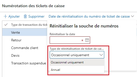 Capture d’écran de la grille de numérotation des tickets de caisse de Dynamics 365 Commerce.