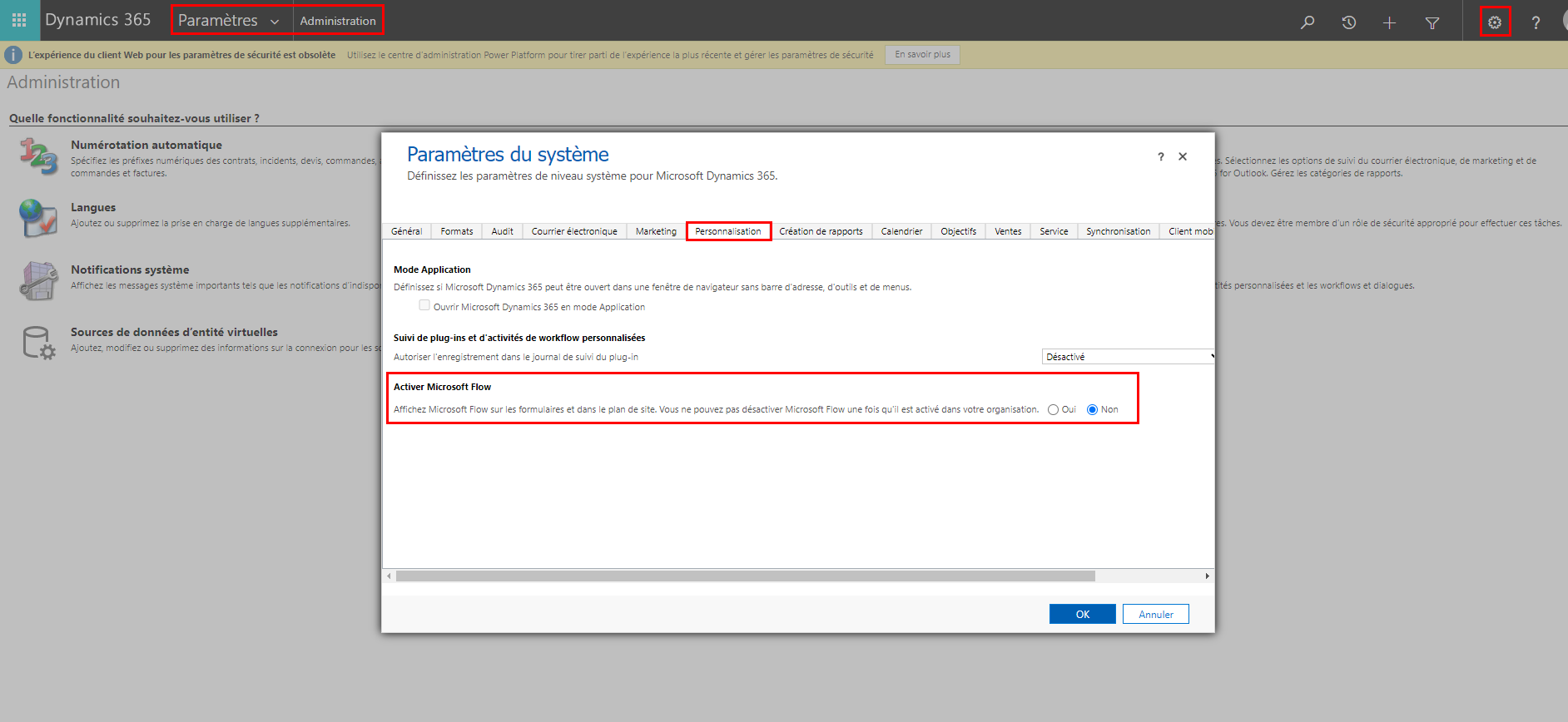 Capture d’écran de la page Paramètres système avec l’option Activer Microsoft Flow mise en évidence.