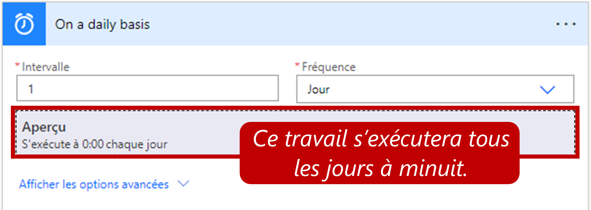 L’étape Créer un programme affichant le champ Intervalle défini sur 1, le champ Fréquence sur Jour et le champ Aperçu sur « S’exécute à 0:00 tous les jours », qui l’exécute tous les jours à minuit.