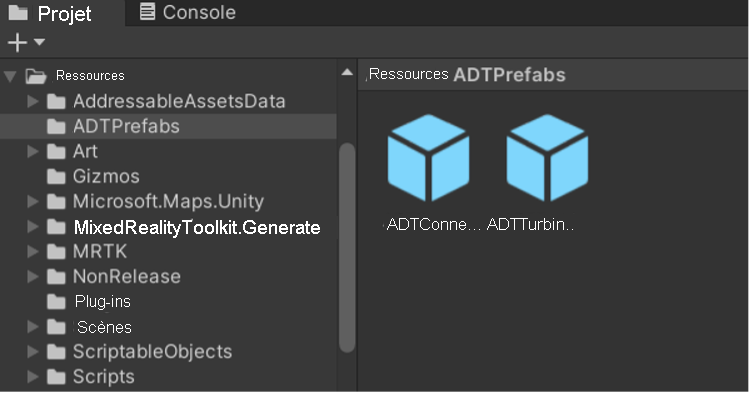 Screenshot of the ADT prefab objects in the Unity project panel.