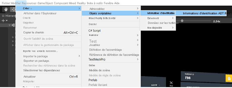Screenshot of the Unity assets menu open showing Create > ScriptableObjects > Credentials > ADT Rest API Credentials menu selection.