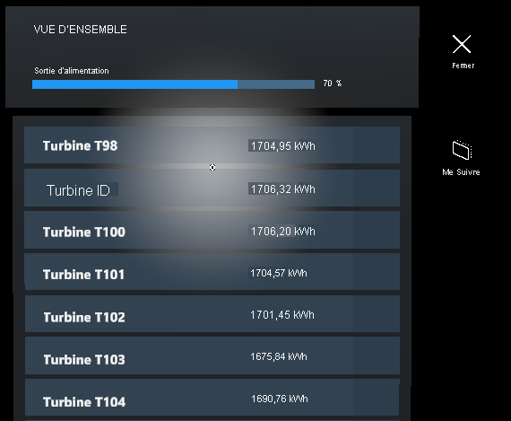 Screenshot of the site overview menu on HoloLens 2 displaying turbine data.