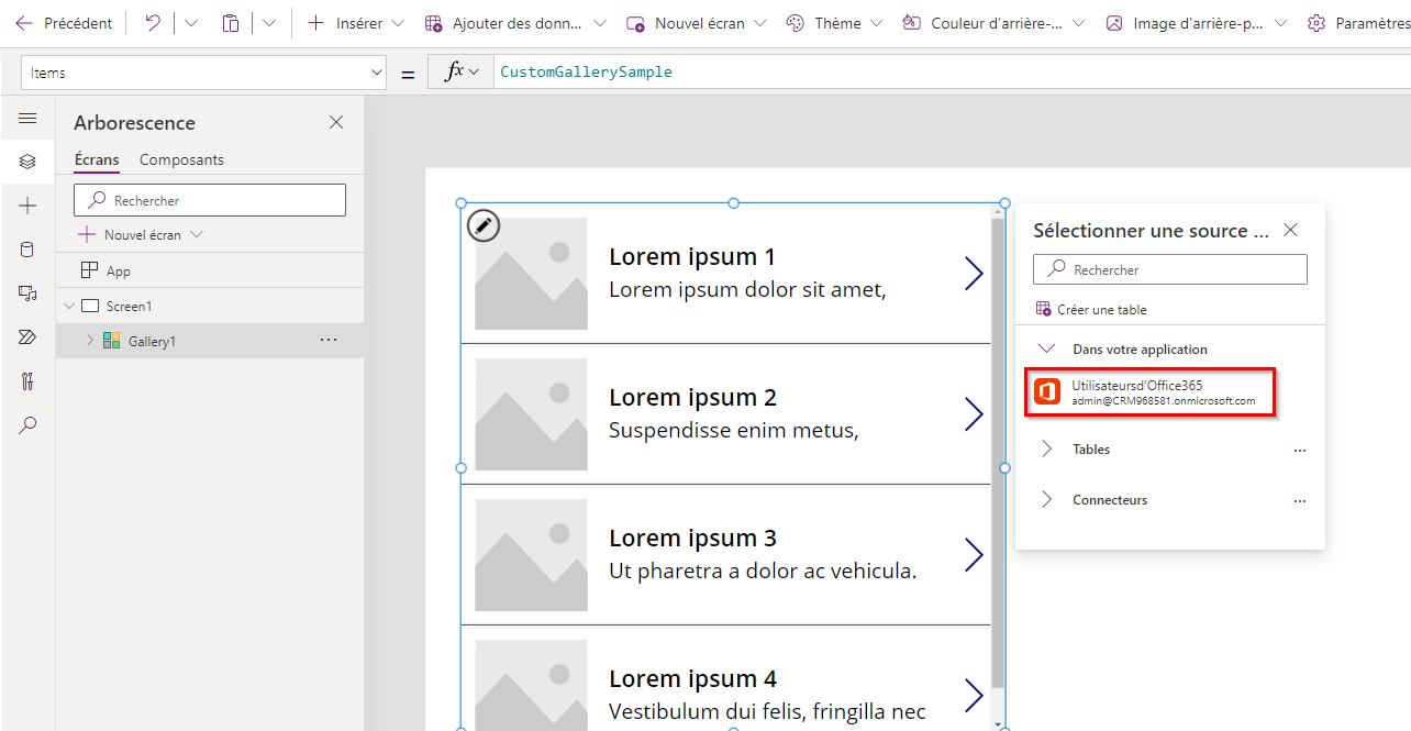 Capture d’écran de la boîte de dialogue Sélectionner une source de données pour votre galerie avec le connecteur Office365Users mis en évidence.