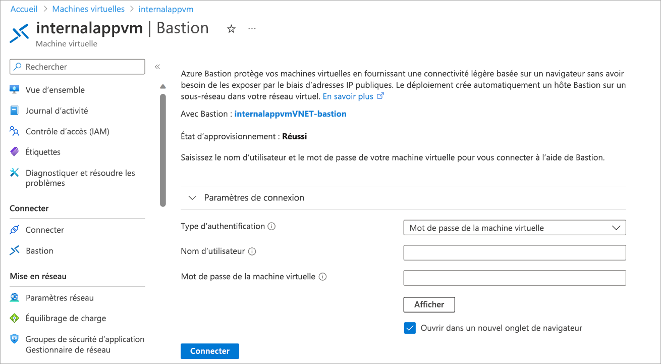 Screenshot of the Azure Bastion page that prompts you to enter username and password for the VM.