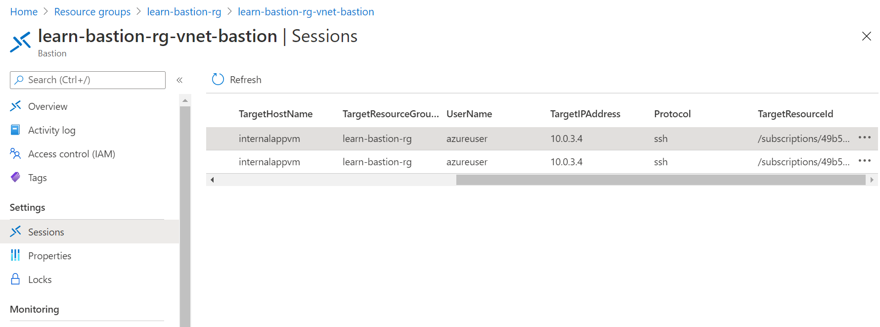 Capture d’écran de la page des sessions Azure Bastion avec les points de suspension situés à l’extrême droite pour chaque session.