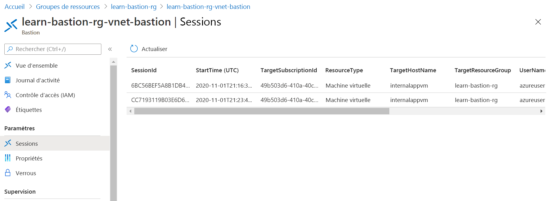 Capture d’écran de la page des sessions Azure Bastion avec deux sessions listées.