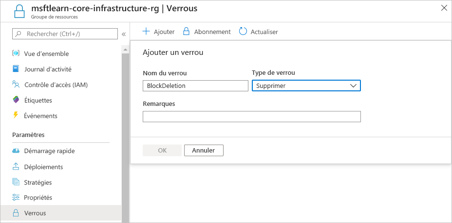 Screenshot of Azure portal showing a new delete resource lock being configured.