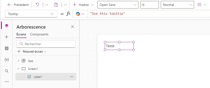 Capture d’écran de la propriété Tooltip.