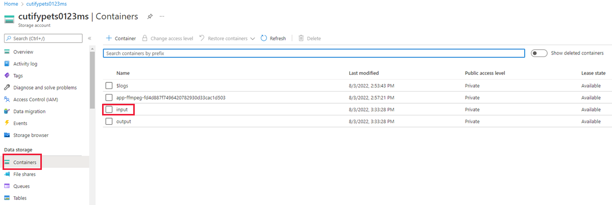 Screenshot that shows the created containers in blob storage.