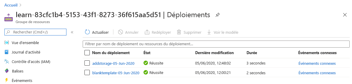 Screenshot of the Azure portal interface for the deployments with the two deployments listed and succeeded statuses.