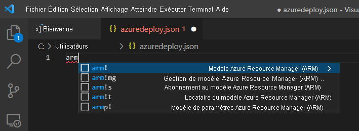 Visual Studio Code azuredeploy.json file showing the snippet choices for Azure Resource Manager templates.