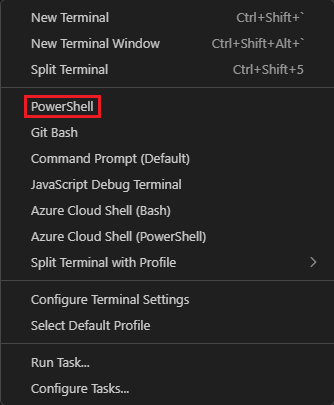 Capture d’écran de la fenêtre du terminal Visual Studio Code montrant le menu déroulant de sélection de l’interpréteur de commandes.