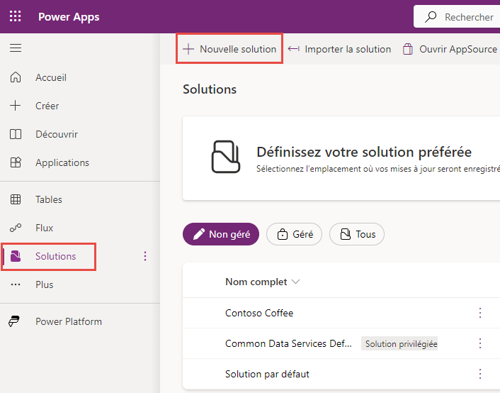 Capture d’écran de solutions dans Maker Portal.