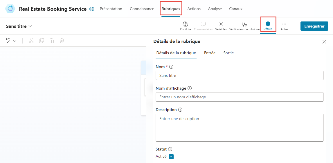 Capture d’écran de la boîte de dialogue Détails de la rubrique.