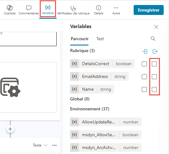 Capture d’écran du volet Variables.