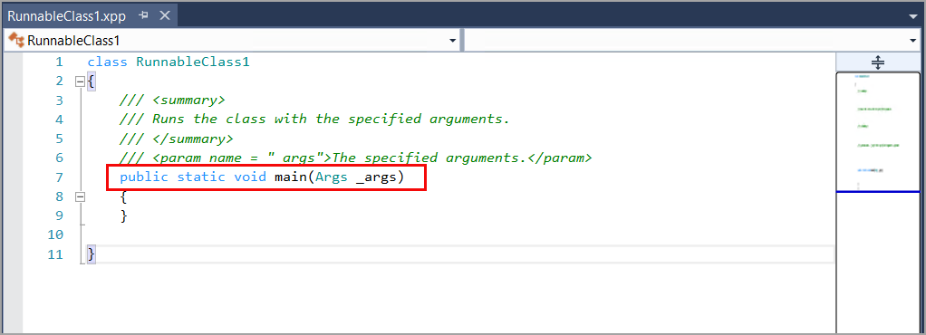 Cette capture d’écran montre le code affiché lorsqu’une classe exécutable est ajoutée à un projet.