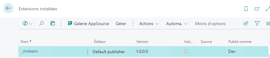 Capture d’écran de la page Gestion des extensions.