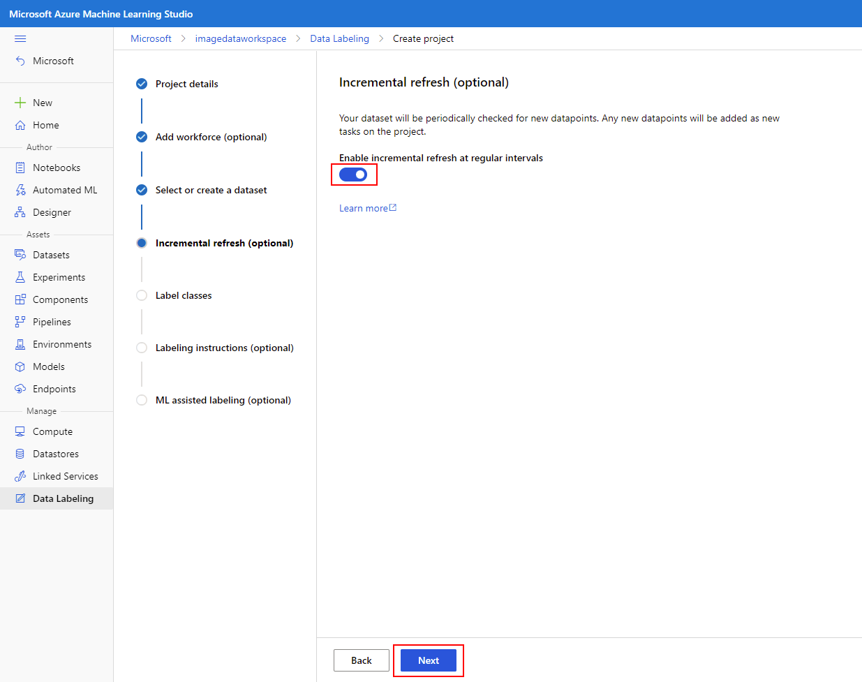Capture d’écran montrant l’option d’actualisation incrémentielle activée.