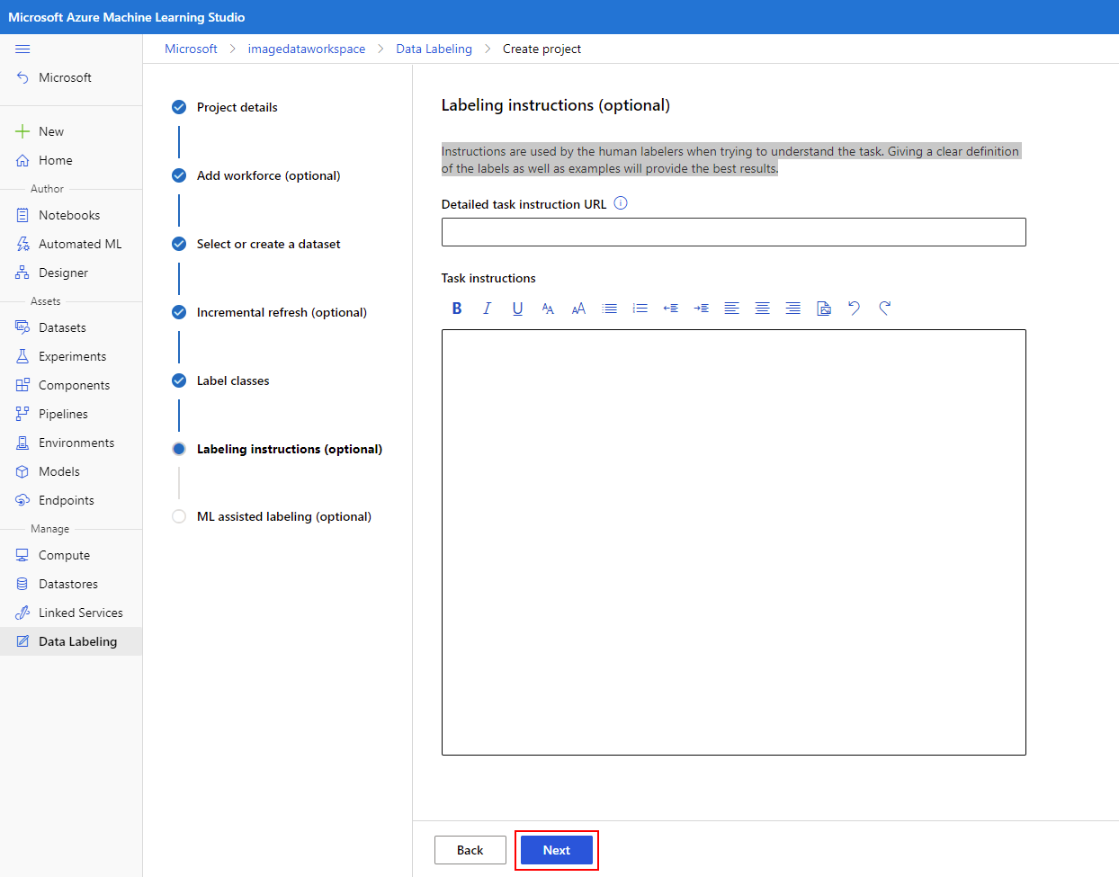Capture d’écran montrant les options d’instructions d’étiquetage.