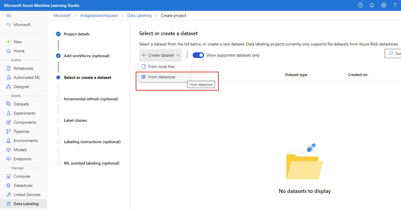 Capture d’écran montrant l’option Magasin de données mise en surbrillance.