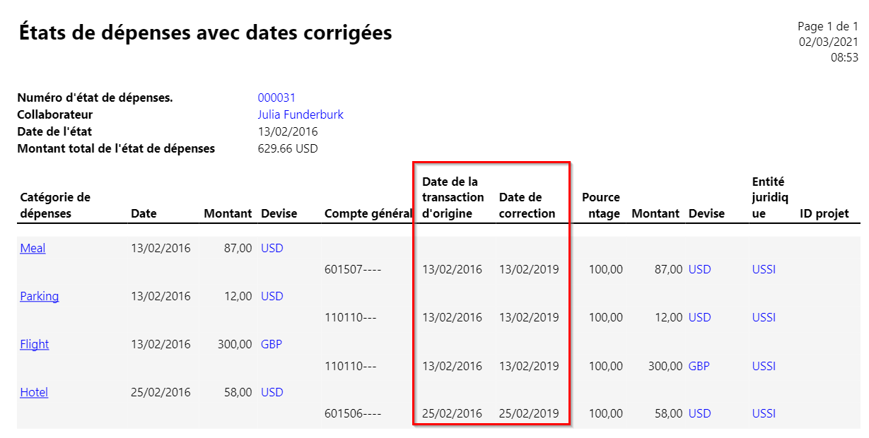 Capture d’écran de la page Notes de frais avec dates corrigées.