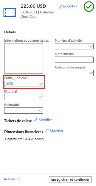 Capture d’écran de la nouvelle dépense intersociétés mettant en évidence le menu déroulant Entité juridique.