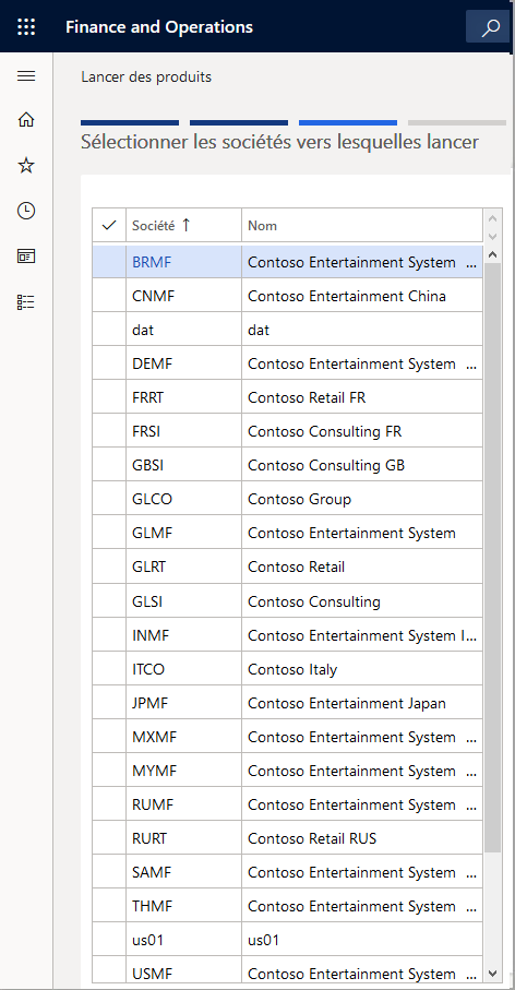Capture d’écran de la liste Sélectionner les sociétés vers lesquelles lancer.