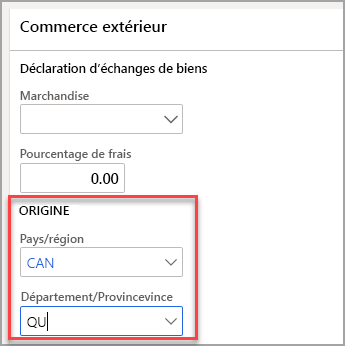 Capture d’écran du raccourci Commerce extérieur.