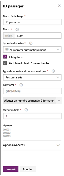 Capture d’écran de l’ID passager avec les valeurs NuméroAuto, Personnalisé, SEQNUM:6 et 1 définies pour les différents champs.